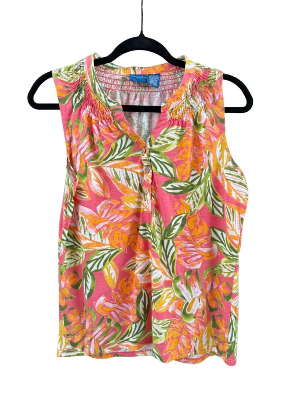 Caribbean Joe Tropical Floral Sleeveless Henley Tank Top Pink Green Women's S - Picture 1 of 6